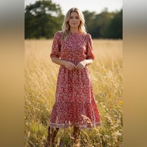 Madewell Rust Red Floral Midi Dress EUC tiered skirt sz 00 boho, prairie western